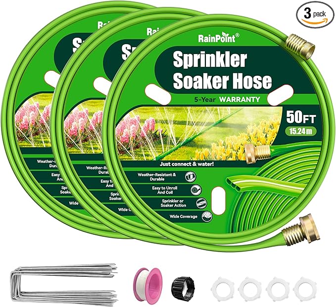 RAINPOINT Sprinkler Hose with Holes 150FT, Flat Soaker Hose with Stakes, Lightweight Water Irrigation Sprinklers System for Garden, Lawn and Yard(50FT, 3Pack)