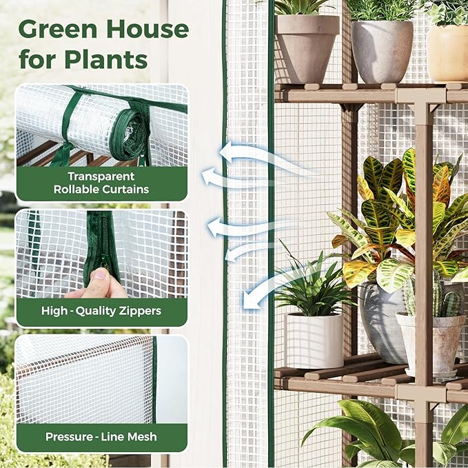 Bamworld 5-Tierd Outdoor Greenhouse 22" L×16" W×81" H Portable Green House with PE Cover Garden and Backyards Plant Shelves with Sturdy Eucalyptus Frame Roof Plant Stand Flower Pot Stand Display Rack