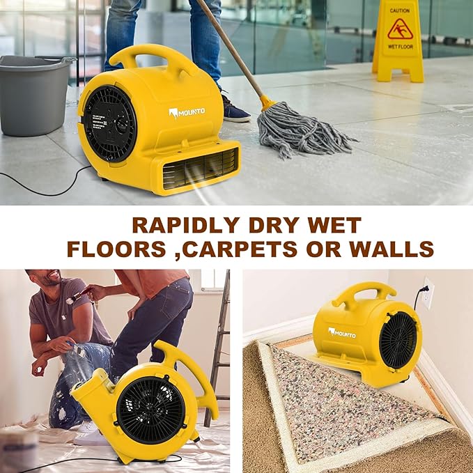 MOUNTO 1/4hp 1000CFM 2 Speed Air Mover Carpet Dryer Floor Fan Cooling Fan (Yellow)