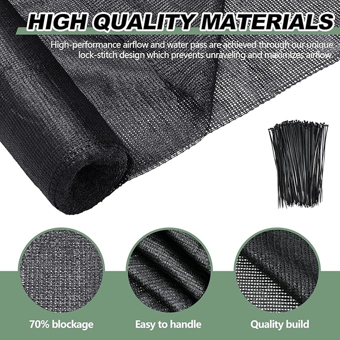 6 x 50 ft Black Shade Cloth Roll for Covering Garden 70% Mesh UV Resistant Net with Ties for Patio Outdoor Greenhouse Fence Flower Plant Cover Canopy