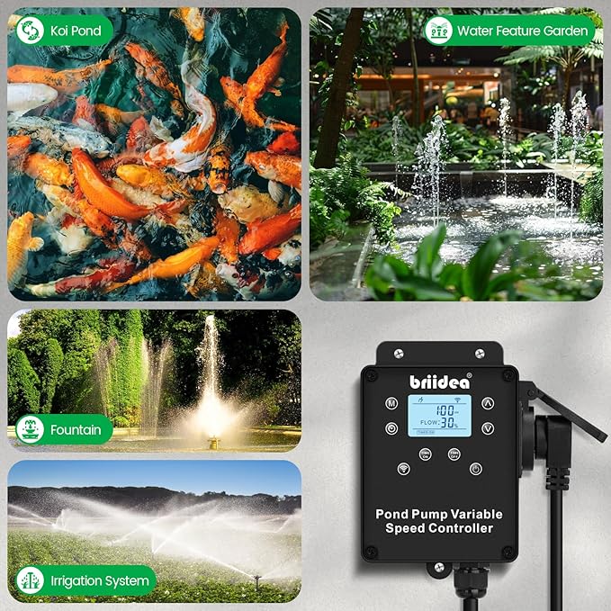briidea WiFi Variable Speed Waterfall Pump Controller with App Control, Timer, 3 Modes, 10 Level Flow Control, LCD Display, Compatible with PGPSPEPAPBPCTT Series Pumps up to 900W for Koi Ponds, HSCR