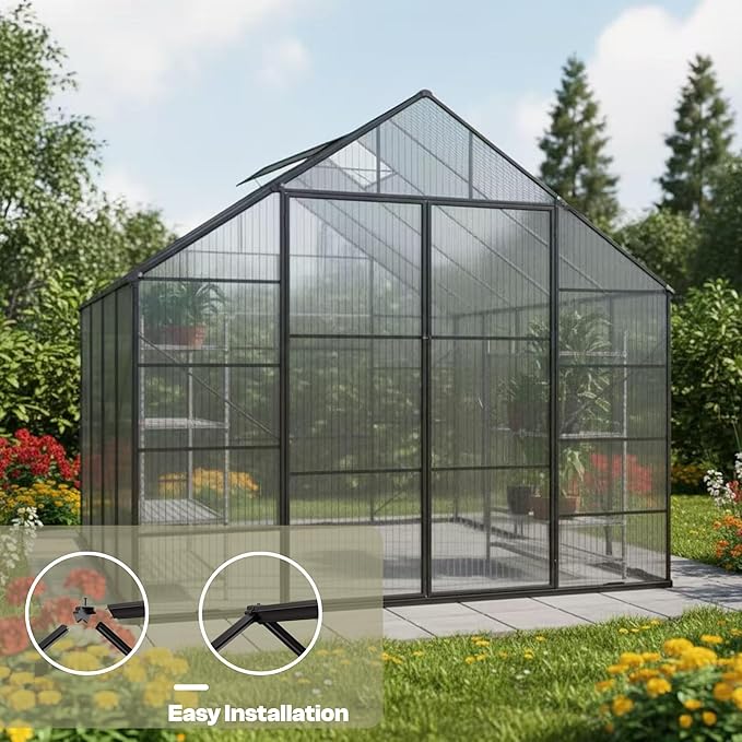 Kingdura 10x10ft Walk-in Greenhouse for Outdoors, Large Polycarbonate Greenhouses with Heavy Duty Aluminum Frame, Adjustable Roof Vent, Lockable Door, UV Protection for Outside Garden Backyard