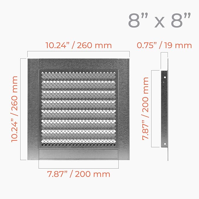 8" x 8" Inch Register Vent Cover - Square, Galvanized Industrial Return Air Vent Cover - Wall, Shed Vent, Foundation Vent - Wire Mesh Crawlspace Louver Grille - Exhaust, Intake Gable Vent