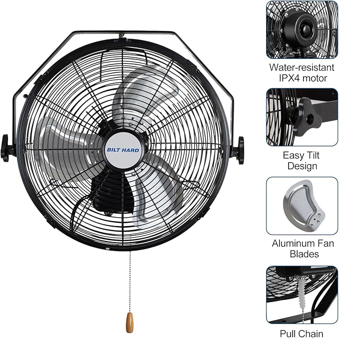 BILT HARD 3000 CFM 14 in. Outdoor Wall Mount Fan, 3-Speed Waterproof Wall Fan Industrial Grade High Velocity Outdoor Fans for Patio, Commercial, Garage, and Gazebo Use- UL Listed