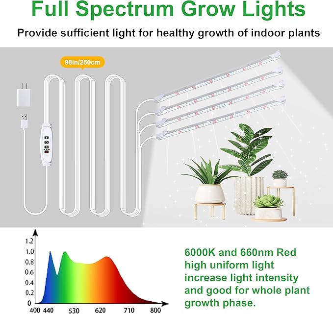 RWNTAO Grow Lights for Indoor Plants, 13" Grow Light Strips with Timer 3/9/12 H, 10 Dimmable Levels, 192 LEDs Full Spectrum Sunlight Plant Growing Lamp for Indoor Greenhouse Seedlings, 4 Head