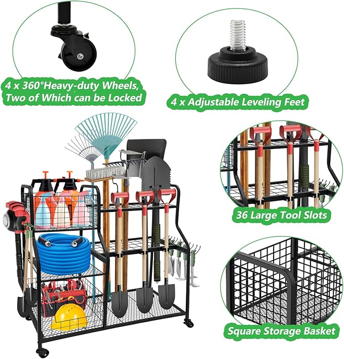 Garden Tool Organizer with 4 Wheels, Garden Tool Rack with 2 Storage Basket, 3 Tier Heavy Duty Utility Garden Tool Storage with 12 Hooks for Yard/Garden/Shed/Garage/Basement/Lawn