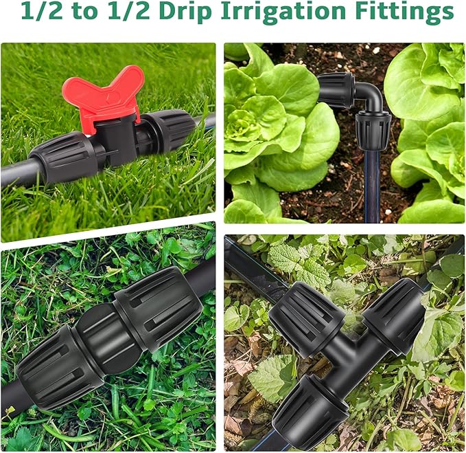 23PCs 1/2 Drip Irrigation Fittings for 1/2 & 1/4 Inch Tubing- Drip Irrigation Parts with 1/4 Reducer Connectors, 3/4 Garden Hose Adapters, Straight Tees, Couplings, Elbows,Valves, End Caps
