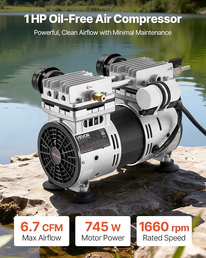 VEVOR Pond Aerator, 6.7CFM 1 HP Air Compressor, Lake Aerator for Ponds up to 3 Acres, Overheat Protection & Anti-Backflow Valve, 745W Powerful Motor, Pond Aeration Pump for Water Oxygen Circulation