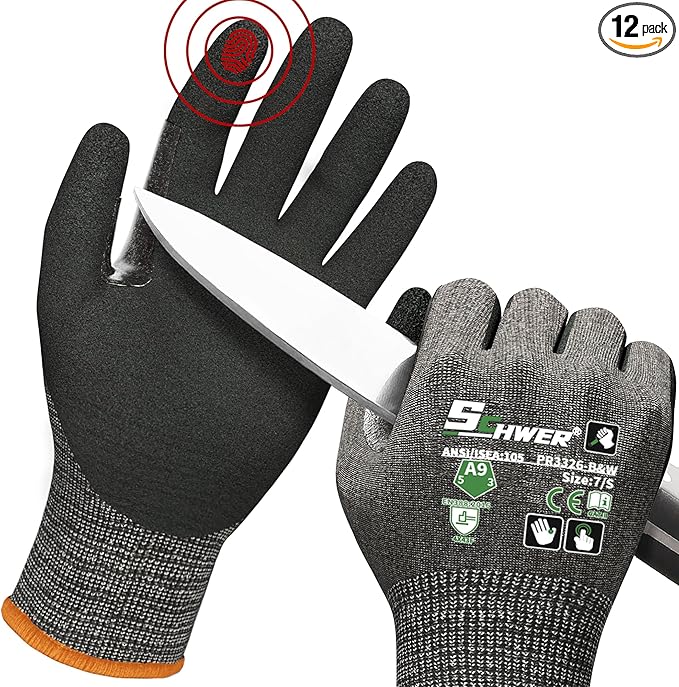 Schwer ProGuard High Level Cut Resistant Work Gloves PR3326 for Extreme Protection，ANSI A9 Cut Gloves with Reinforced Thumb, Non Slip, Breathable, Durable, Touch-screen,12 Pairs, Black (S)