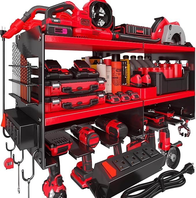 Spampur Heavy Duty Power Tool Organizer Wall Mount with Charging Station – 420 lb Capacity 3-Tier Storage Rack Holds 6 Drills, Side Slots for Screwdrivers & Bits, Garage Storage, Gift for Men