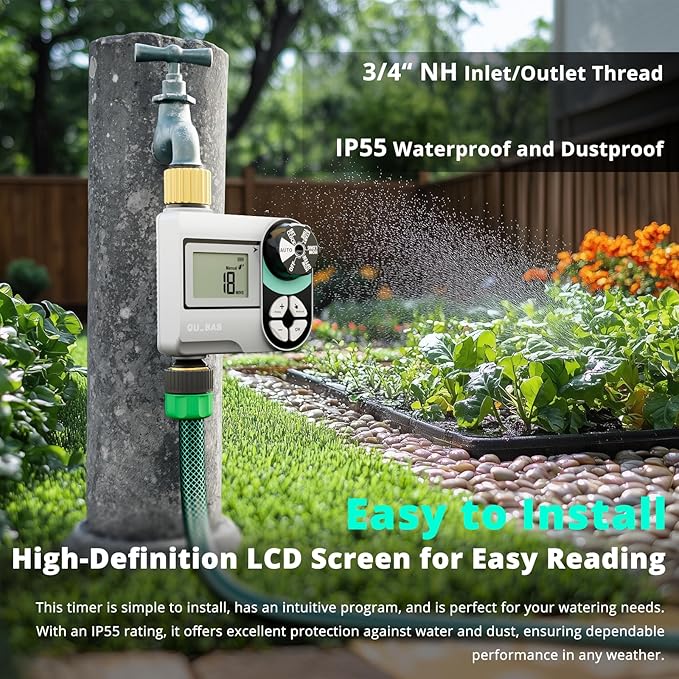 QUOBAS Sprinkler Timer, Programmable Hose Timers with Brass Inlet & Outlet, Water Timer for Garden Hose with Rain Delay/Automatic/Manual Watering System, Digital Drip Irrigation Timers for Yard, Lawn