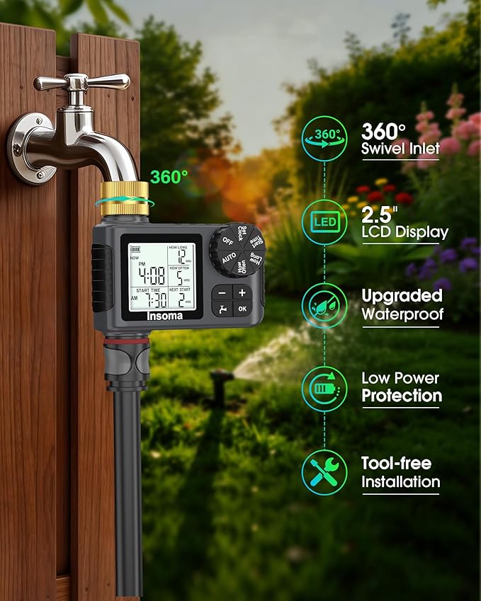 Sprinkler Timer with Brass Inlet & Outlet, Water Timer for Garden Hose with Auto/Manual/Rain Delay Mode, Easy Setup Hose Timers for Lawn, Garden, Vacation Watering,1 Outlet