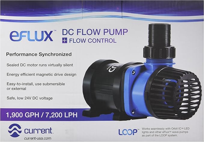 CURRENT USA eFlux DC Flow Pump with Control 1900 GPH | Loop Controllable Aquarium DC Return 380-1900 GPH | Quiet, Submersible or External | Fish Tank, Sump, Pond, Freshwater and Saltwater Marine Use