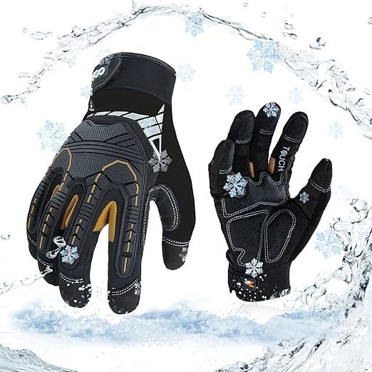 Vgo... 1-Pair 32°FWaterproof Heavy Duty Winter Work Gloves Men,Mechanic Gloves, Impact Protection& Vibration Reduction(Size XXL, Black&Gold, SL8849FW)