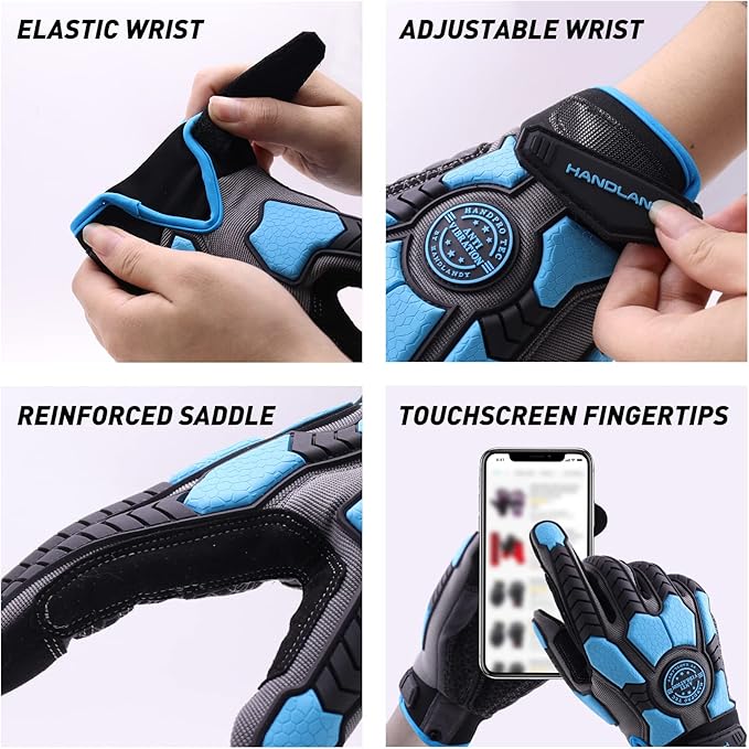 HANDLANDY HLDD Heavy Duty Work Gloves, TPR Protector Impact Gloves, Men Anti Vibration Mechanic Work Glove TouchScreen