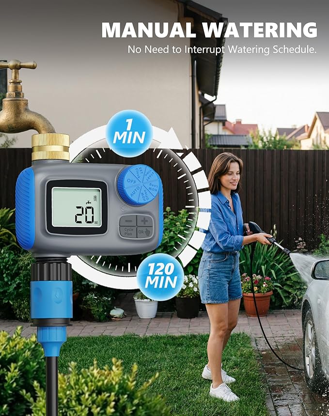 Sprinkler Timer with Brass Swivel, Hose Timers for Watering, Water Timer for Garden Hose, Digital Irrigation with Rain Delay & Manual Mode, Automatic Watering System for Outdoor Garden Lawn