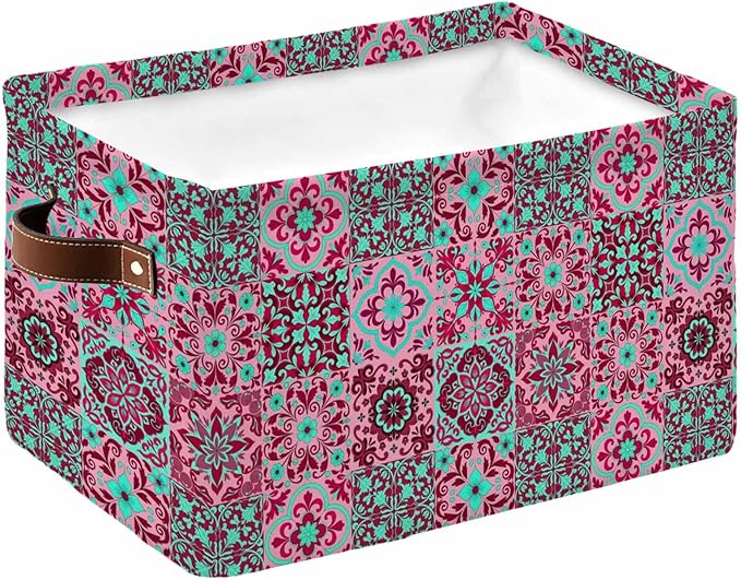 Vintage Middle Century Storage Bins Cubes Waterproof Cloth Storage Basket,Abstract Bohemia Style Aztec Pink Foldable Storage Bags for Shelf Clothes Storages Organizers with Handles 15x11x9.5 in 1PCS