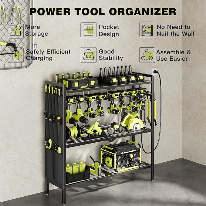 NattyDot Large Power Tool Organizer Cart with Charging Station 8 Drill Holder Garage Storage Standing Heavy Duty and Stability Storage Rack Utility Tool Shelf (Black)