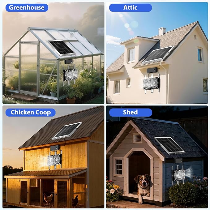 Solar Fan with Battery, 5.5" Solar Fan for Greenhouse & Chicken Coop, Rechargeable Solar Fans for Outside, Solar Powered Exhuast Fans for Outdoor Doghouse Shed Circulation Ventilation Cooling