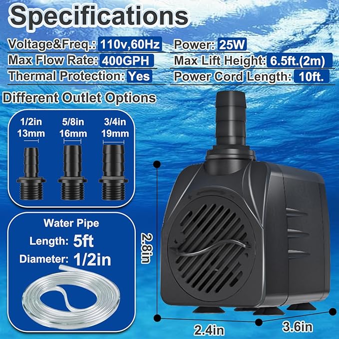 SongLong 400GPH 10ft Power Cord Submersible Pump with Tubing, Over Heating Protection Water Pump with 6.5ft Lift for Fountains, Aquariums & Hydroponics.