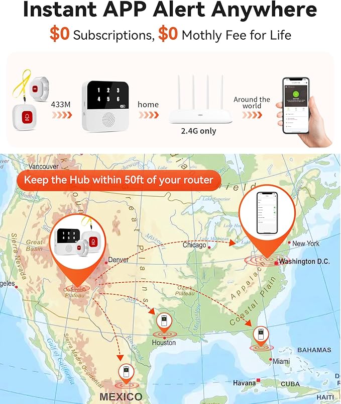 PILSAMAS WiFi Caregiver System - 2 Smart HUBs with Flashing Caller ID & APP Alert, 2 Waterproof Wristband + 2 Call Buttons, No Monthly Fee, Medical Alert Systems for Seniors at Home & Nursing Homes