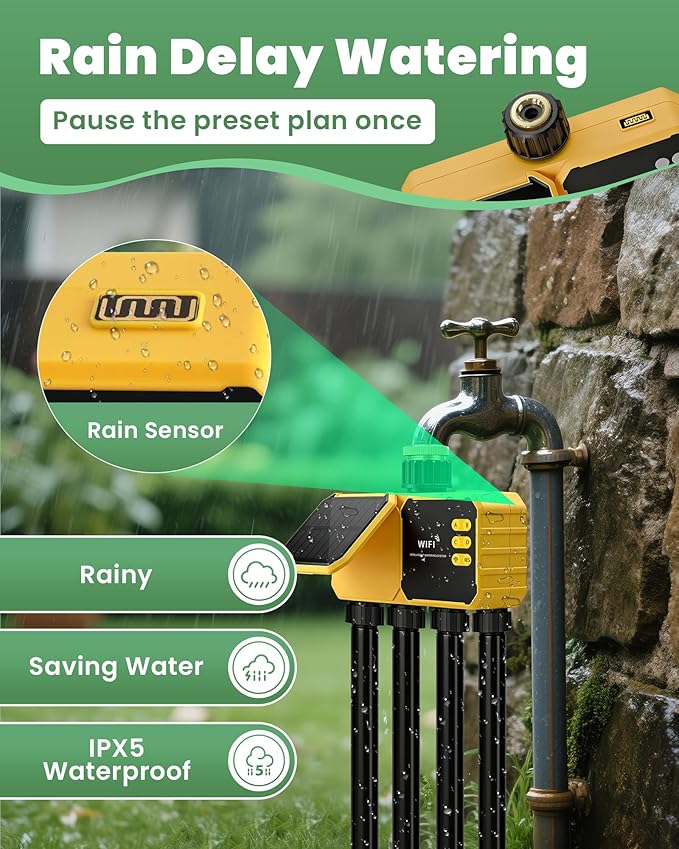 4 Zone Solar WiFi Sprinkler Timer, Smart Water Timer for Garden Hose 4 Outlets with Rain Delay/Automatic/Manual Watering System for Lawn Yard, APP Remote Voice Control Via 2.4Ghz WiFi No Need Hub