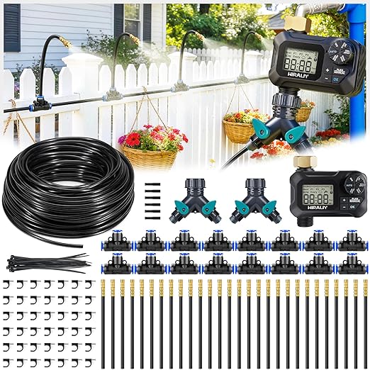 HIRALIY 360° Adjustable Drip Irrigation System 164FT with Timer, 1/4" Tubing and Adjustable Copper Nozzles, Automatic Atomizing Watering Kit for Garden, Yard, Lawn, Greenhouse & Potted Plants