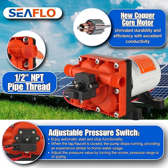 SEAFLO 42 Series On Demand Water Pressure Pump 12V 3.0 GPM 55PSI, with Bypass for Reduced Cycling, Self-Priming, For Marine/RV/Off-Grid, CE & Rohs Certified, UL Listed, 4-Year Warranty