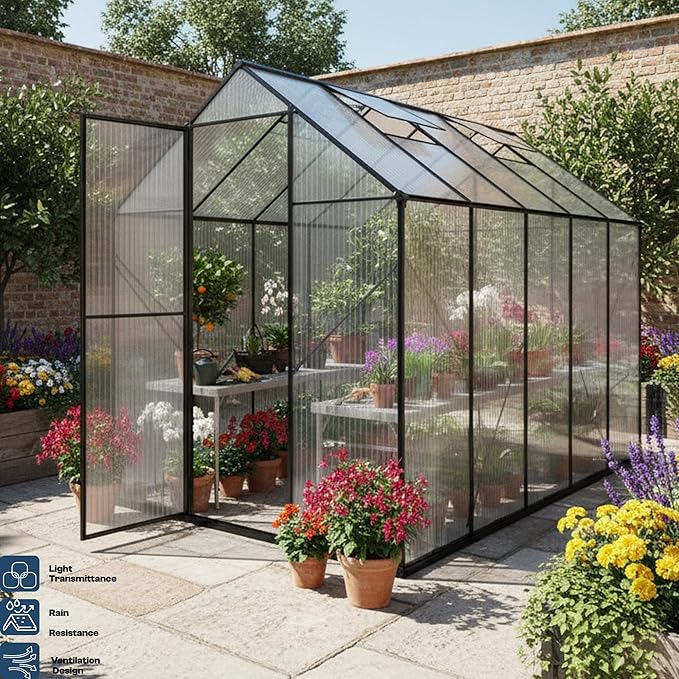 Kingdura 6x4ft Walk-in Greenhouse for Outdoors, Large Polycarbonate Greenhouses with Heavy Duty Aluminum Frame, Adjustable Roof Vent, Lockable Door, UV Protection for Outside Garden Backyard
