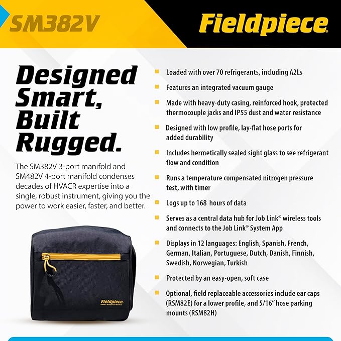Fieldpiece SM382V Wireless 3-Port SMAN Refrigerant Manifold with Vacuum Gauge – Digital Gauges for HVAC & Refrigeration