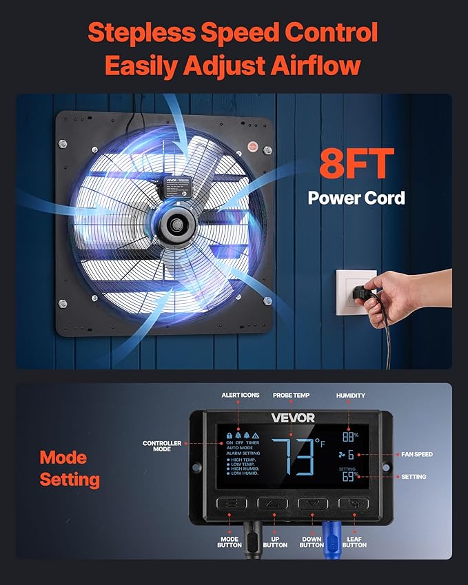 VEVOR 24 inch Exhaust Fan, Wall Mounted Attic Fan with Variable Speed, Temperature & Humidity Controller, 4800 CFM, Automatic Shutter