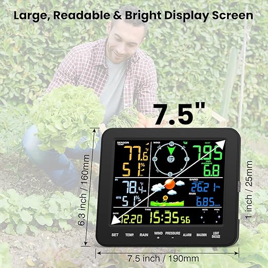 Home Weather Station with Rain Gauge and Wind Speed, Weather Stations Wireless Indoor Outdoor with Rain Gauge Outdoor, Forecast, Temperature, Humidity, Moon Phase, Alarm Clock(No WiFi)