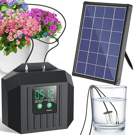 NFESOLAR 4W Solar Powered Automatic Drip Irrigation Kit with LCD Timer, Customizable Watering Duration 1–30min & Interval 3h–7d, Solar Irrigation System for 15 Potted Plants, Garden, Patio, Vacation
