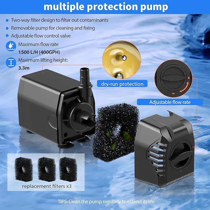 Biling 35W Solar Fountain Pump, 450GPH Submersible Solar Pond Pump with Dry Run Protection & Dual Filtration, Up to 10.8ft Lift, 16.4ft Cable, 4 Nozzles & Tubing for Pond Fountain, Water Features