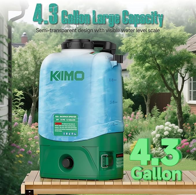 KIMO 4.3 Gal Backpack Sprayer Battery Powered w/ 2PCS 2.0Ah Battery, 73PSI Adjustable Pressure, 6 Nozzles, 31" Telescopic Wand, Padded Shoulder Strap, No Pump Needed Electric Weed Sprayer for Planting