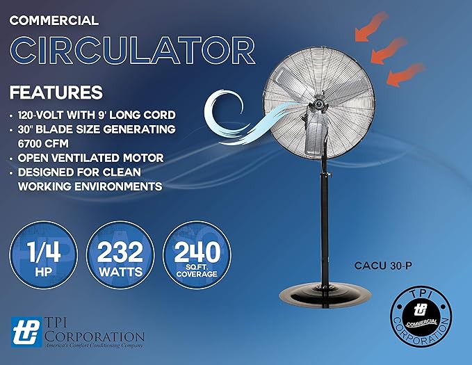 TPI Corporation CACU30-PO 30" High Velocity Oscillating Pedestal Mount Fan for Garage, Commercial, Industrial — 3 Speed 120 Volt Motor, 9' Cordset