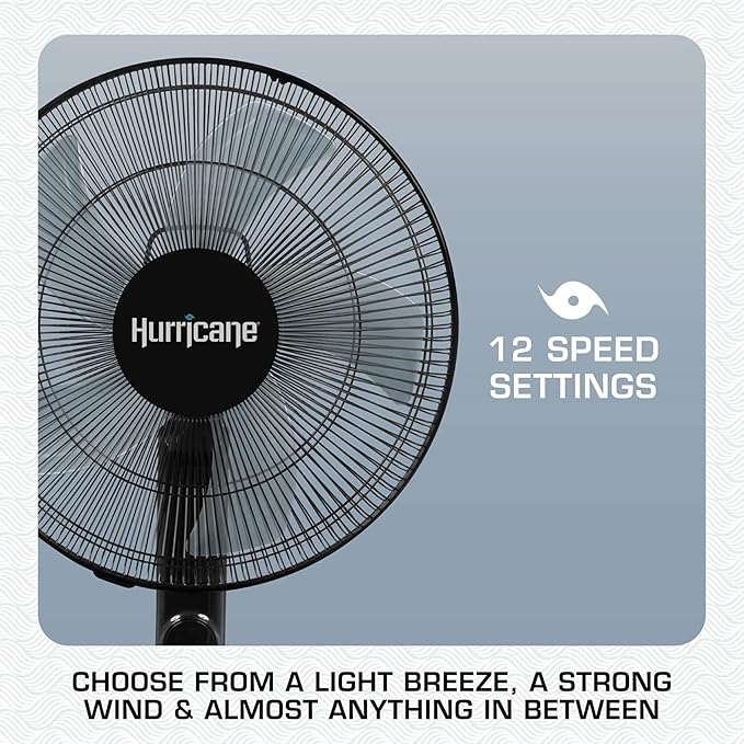 Hurricane Oscillating Pedestal Stand Fan, 12-Speed Cooling Unit, 16", Black - With Remote Control, Adjustable Tilt & Height, for Home, Bedroom, Office & Dorm