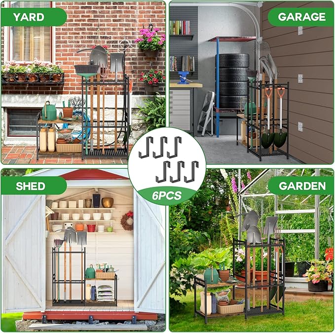 DAOUTIME Garage Tool Organizer with 2-tier Wooden Shelves, Yard Tool Organizer for Garage with 6 Hooks, Heavy duty Steel Garden Tool Rack Holds up to 35 Long Handled Yard tools for Storage, Black