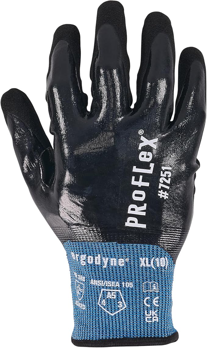 Ergodyne ProFlex 7251 Fully Coated Nitrile Work Gloves, Oil/Water Resistant, ANSI/ISEA 105-2016 A5 Cut Resistance, Touchscreen Capable