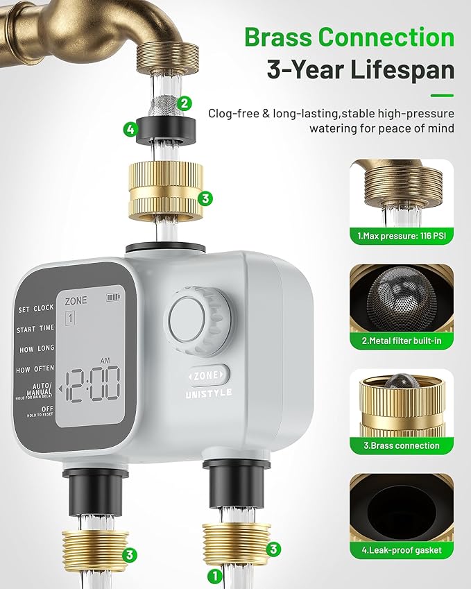 [2026 Upgrade] 2 Zone Sprinkler Timer with Brass Inlets & Outlets, Unistyle Programmable Water Timer for Garden Hose, IP55 Waterproof Hose Timers with Manual Irrigation Timers for Yard and Lawn Patio