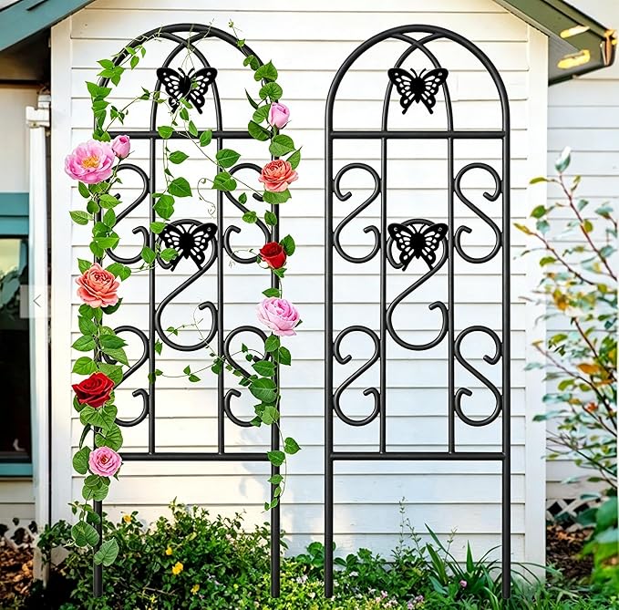 AMAGABELI Garden & Home 4 Pack Garden Trellis for Climbing Plants 60" x 18" Black Iron Trellis for Potted Plant Support Butterfly Metal Trellis for Climbing Roses Vine Flower Cucumber Clematis GT02