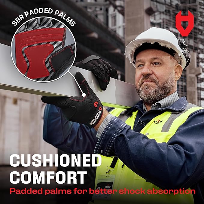 NoCry Heavy Duty Work Gloves for Men - Soft PVC Knuckle Protection - Reinforced Fingers & Thumb Crotches - Padded Palms - Double Stitched with Grip and Touchscreen Tips