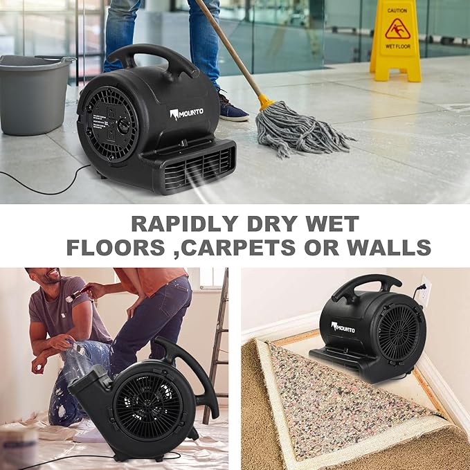 MOUNTO 1/4hp 1000CFM 2 Speed Air Mover Carpet Dryer Floor Fan Cooling Fan (Black)