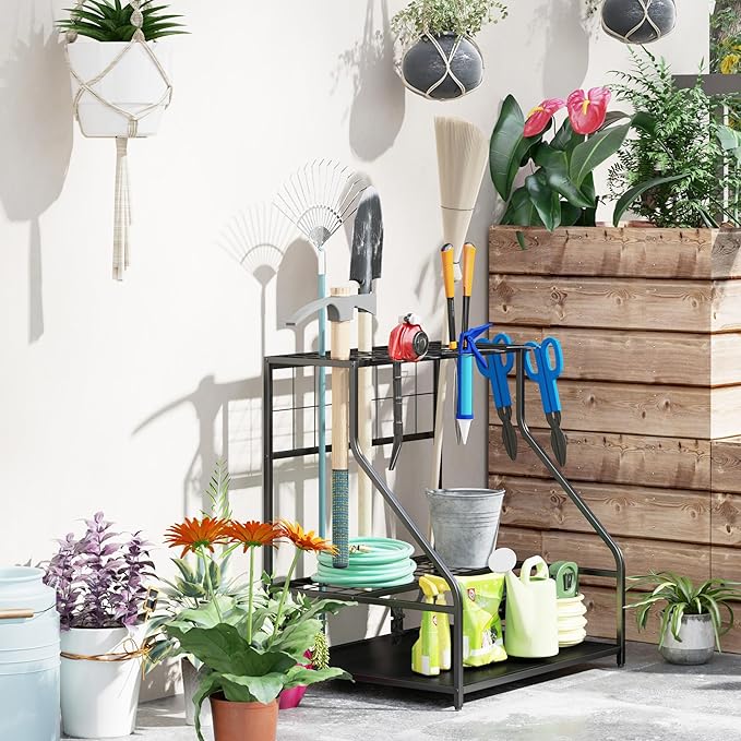 Outsunny Garden Tool Organizer for Garage, 3-Tier Yard Tool Storage Rack with Hooks for Long-Handled, Broom, Shovel, Rake, Metal Garden Tool Storage for Shed, Yard, Garage, Blue