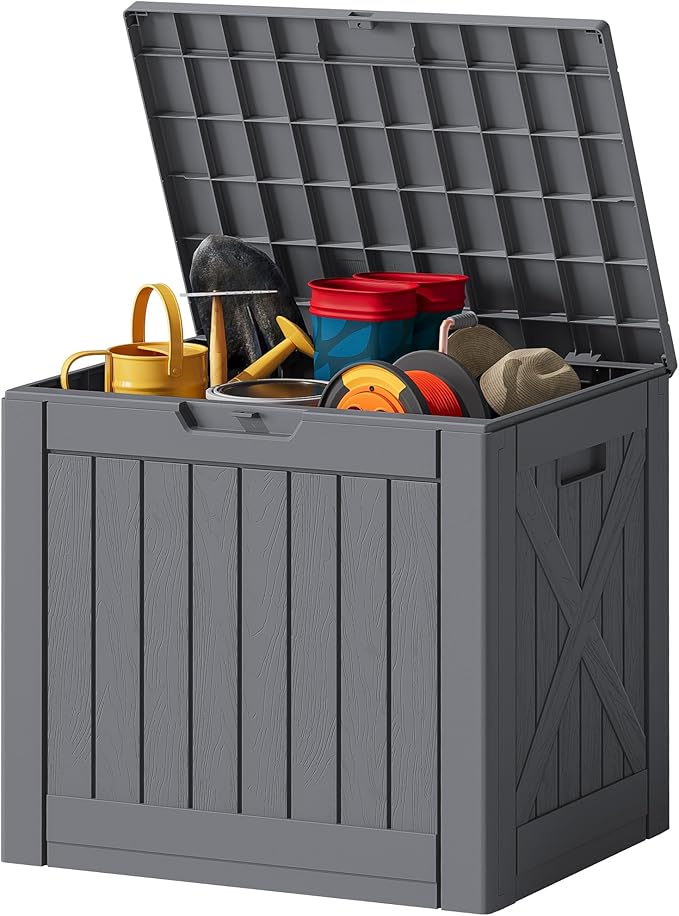 JUMMICO 42 Gallon Deck Box Waterproof, Resin Outdoor Storage Box with Side Handles, Outdoor Storage Benches Lockable for Patio Cushions and Garden Tools (Gray)