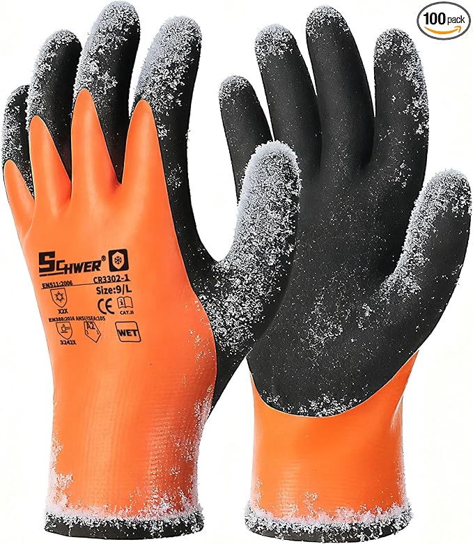 Schwer 100 Pairs Waterproof Winter Work Gloves, ANSI A2 Cut Resistant Freezer Gloves for Outdoor Cold Weather Keep Hands Warm, Thermal Insulated Gloves for Shoveling Snow, Ice Fishing, Super Grip, XL