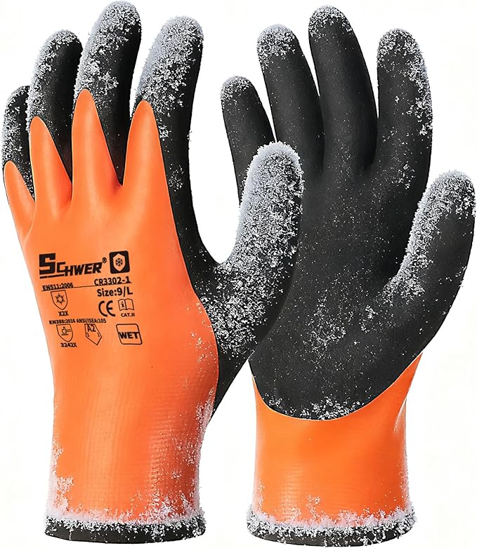 Schwer 100% Waterproof Winter Work Gloves, ANSI A2 Cut Resistant Freezer Gloves for Outdoor Cold Weather Keep Hands Warm, Thermal Insulated Gloves for Shoveling Snow, Ice Fishing, Super Grip, XL