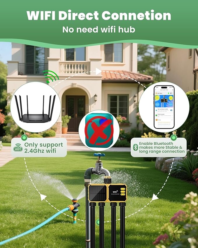 4 Zone Solar WiFi Sprinkler Timer, Smart Water Timer for Garden Hose 4 Outlets with Rain Delay/Automatic/Manual Watering System for Lawn Yard, APP Remote Voice Control Via 2.4Ghz WiFi No Need Hub
