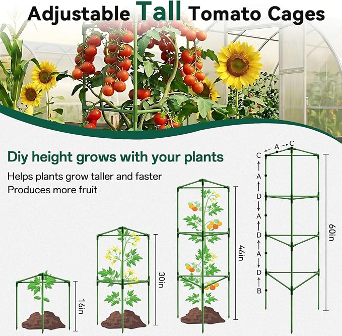 Halatool 3 Pack Tomato Cages for Graden 60 Inch, Adjustable Metal Tall Heavy Duty Tomato Trellis Plant Support, Foldable Tomatoes Stakes for Climbing Vegetables Flowers Fruits