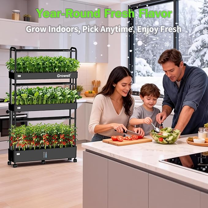 Growell Large Hydroponics Growing System Kit, 90 Pods Vertical Indoor Herb Garden Kit with 2 Light Modes & Auto Circulating Water System, 40L Movable Indoor Gardening System for Herb Vegetable Fruit